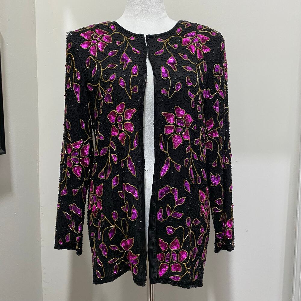 Vintage Sequin Jacket Size Medium Fuchsia Pink Floral Print on Black Silk
